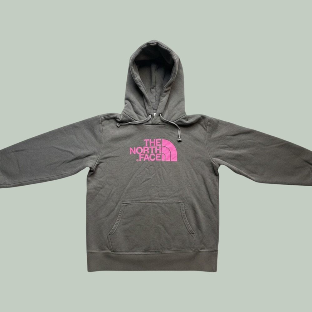The North Face Hoodie Womens L AAZX Grey Pink Logo Pullover Sweatshirt S13